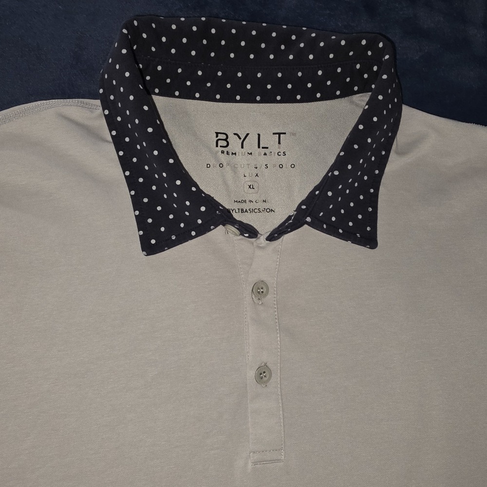 BYLT Polo Shirt Mens Size XL Gray With Polka Dot Collar Golf Casual Short Sleeve